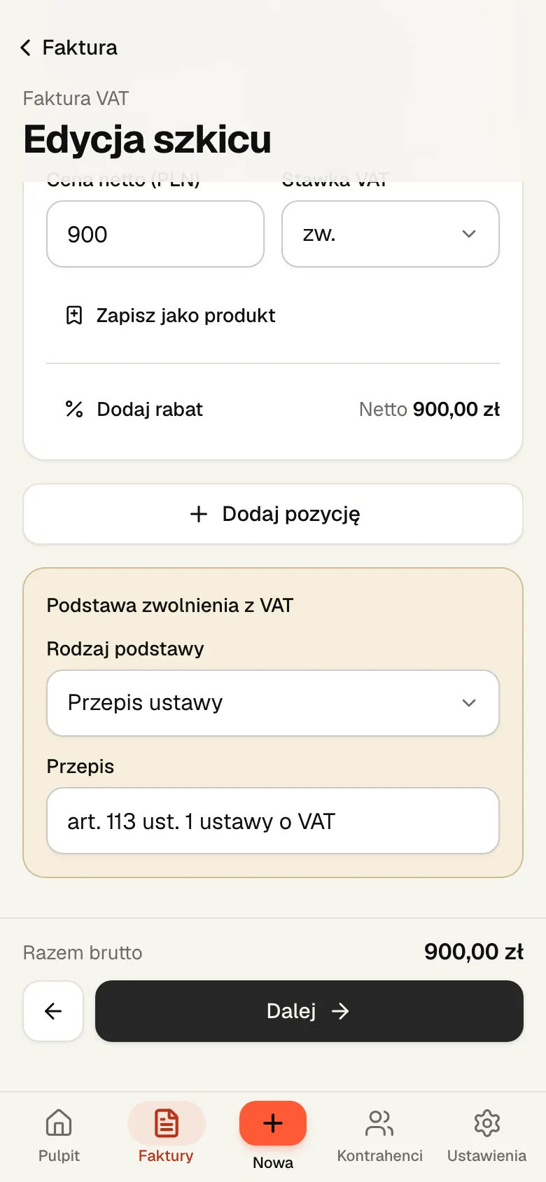 Formularz faktury w Wystaw na telefonie: pozycja ze stawką zw i pole Podstawa zwolnienia z VAT z wpisanym art. 113 ust. 1 ustawy o VAT