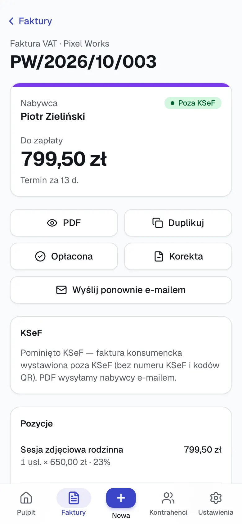 Faktura dla osoby prywatnej w Wystaw ze statusem Poza KSeF i adnotacją faktura konsumencka
