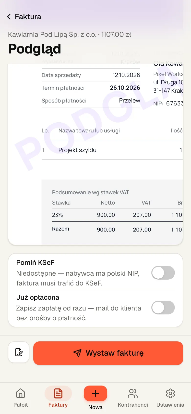 Podgląd faktury w Wystaw na telefonie przed wystawieniem, z przyciskiem Wystaw fakturę