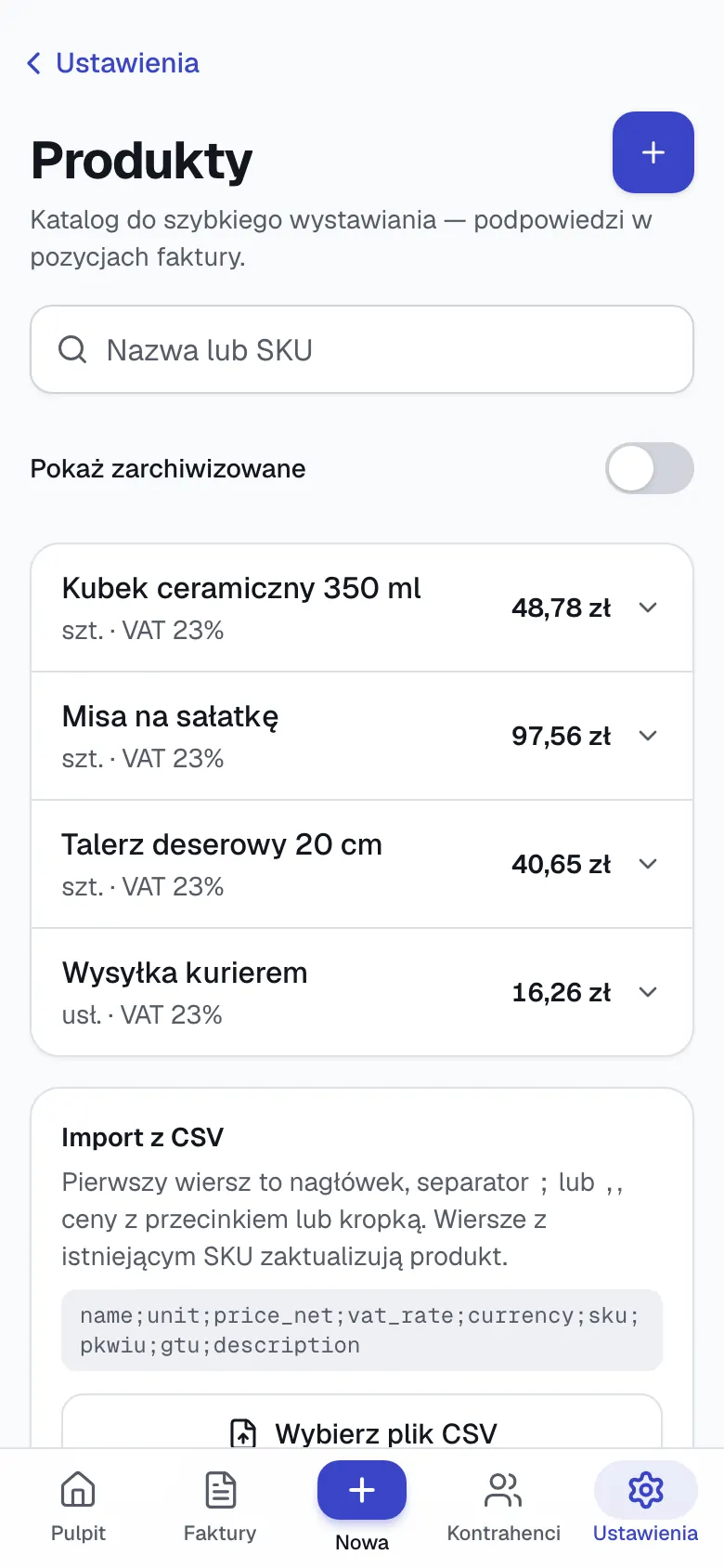 Katalog produktów w Wystaw na telefonie: lista produktów sklepu z cenami i stawkami VAT, gotowa do dodania na fakturę