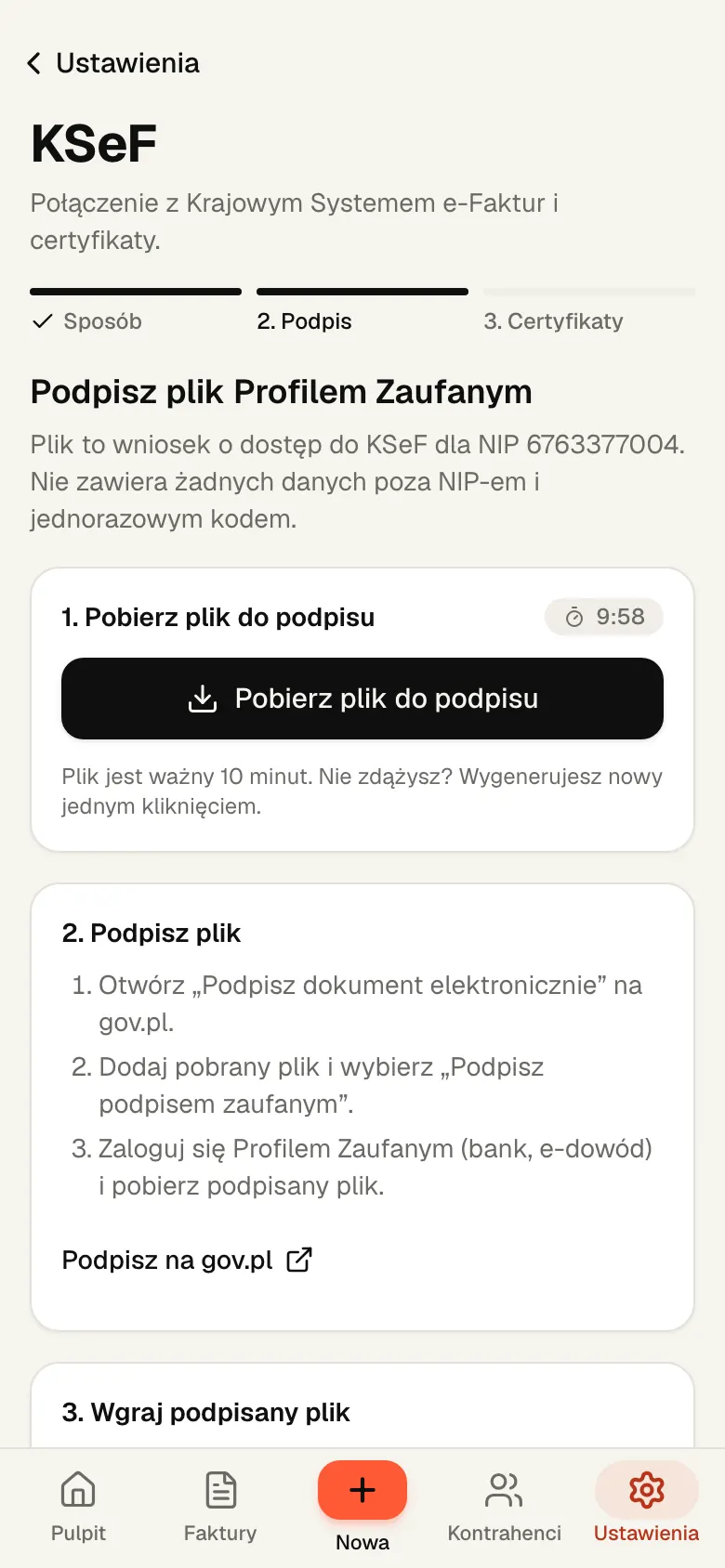 Kreator połączenia z KSeF w Wystaw na telefonie: krok Podpisz plik Profilem Zaufanym z przyciskiem Pobierz plik do podpisu i instrukcją podpisu na gov.pl