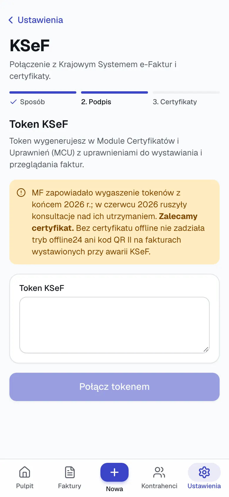 Krok Token KSeF w kreatorze połączenia Wystaw z ostrzeżeniem o przyszłości tokenów i zaleceniem certyfikatu