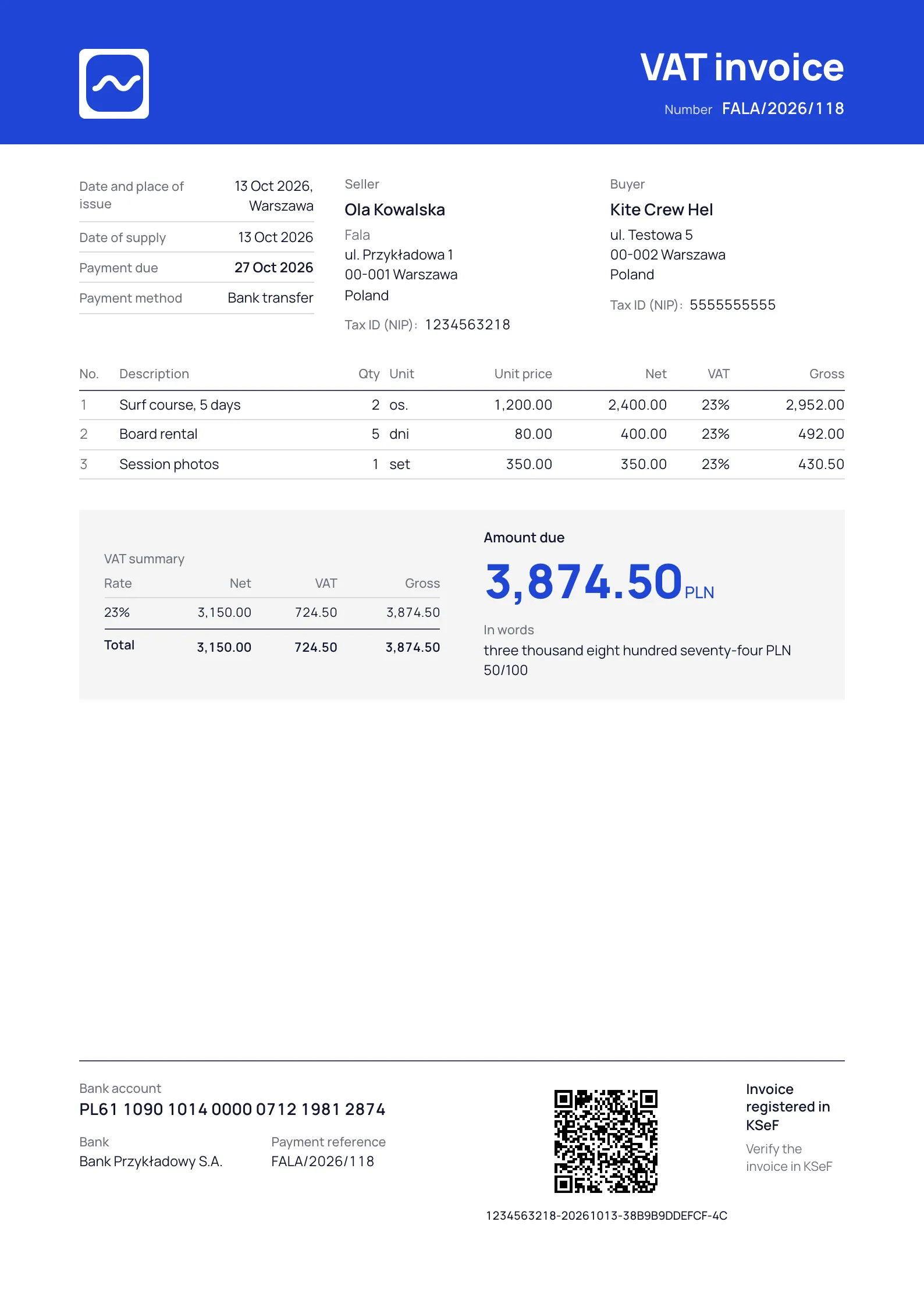Fala invoice in the bold layout
