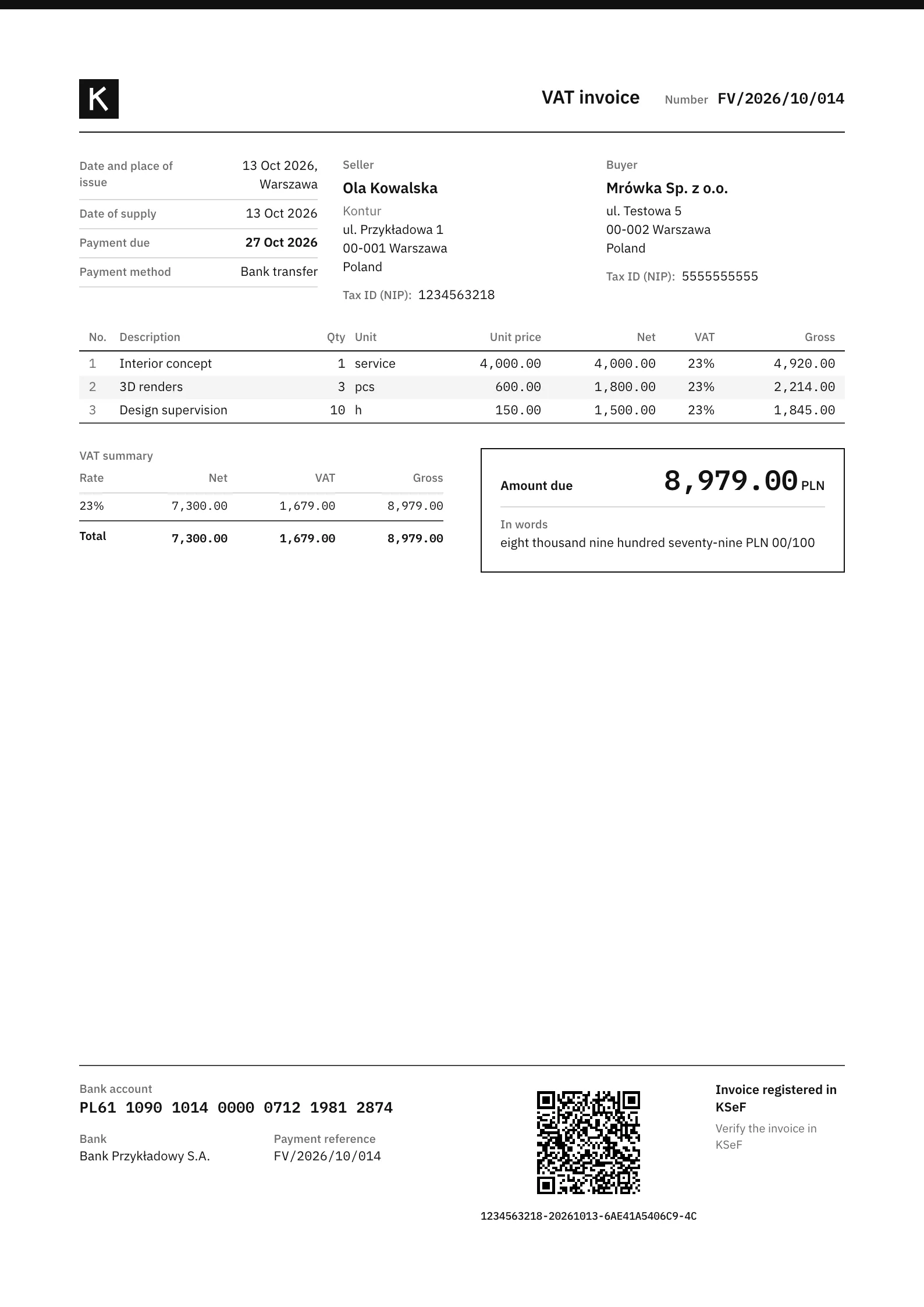 Kontur invoice in the ledger layout