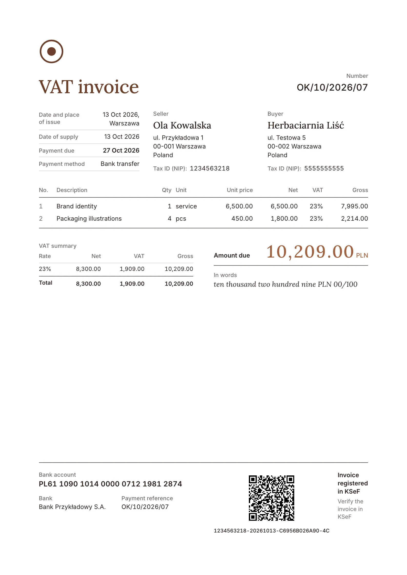 Ola Kowalska invoice in the studio layout