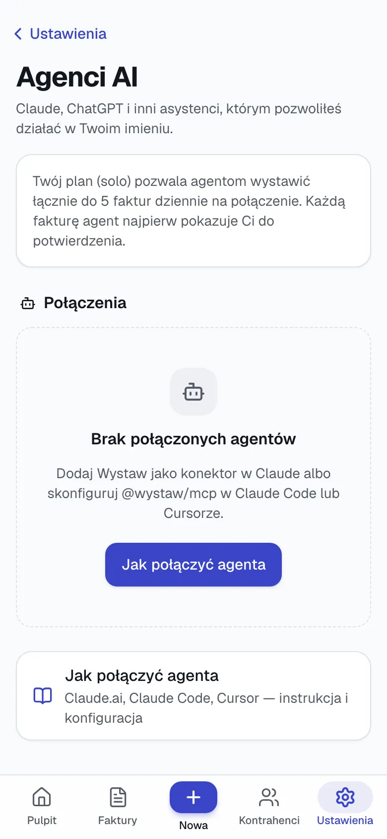Ekran Agenci AI w Wystaw na telefonie: dzienny limit faktur wystawianych przez agenta w planie Solo i przycisk Jak połączyć agenta