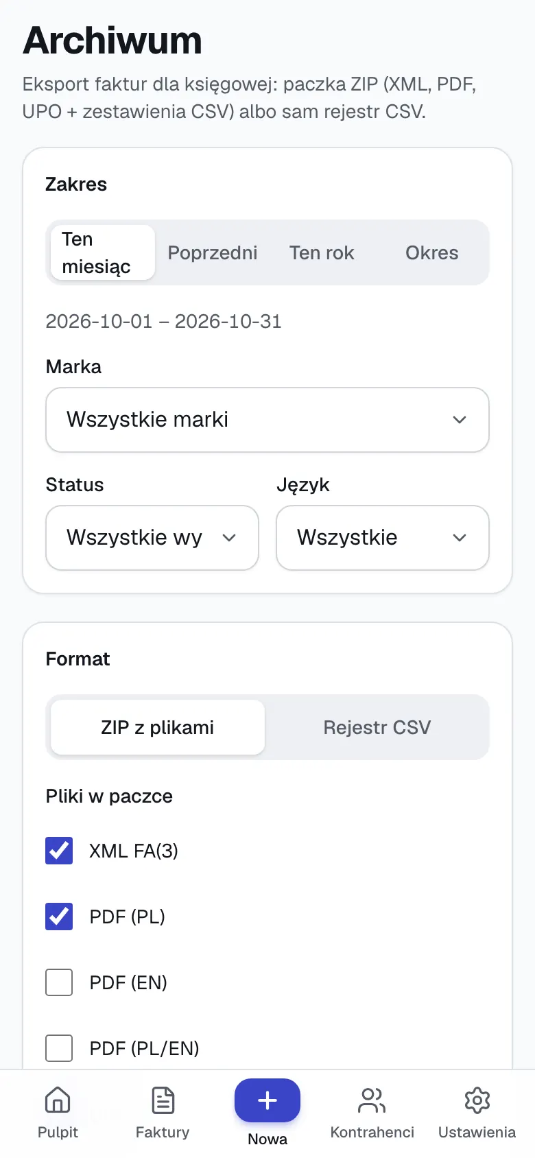 Ekran Archiwum w Wystaw na telefonie: wybór okresu, filtry, format eksportu ZIP i lista plików w paczce