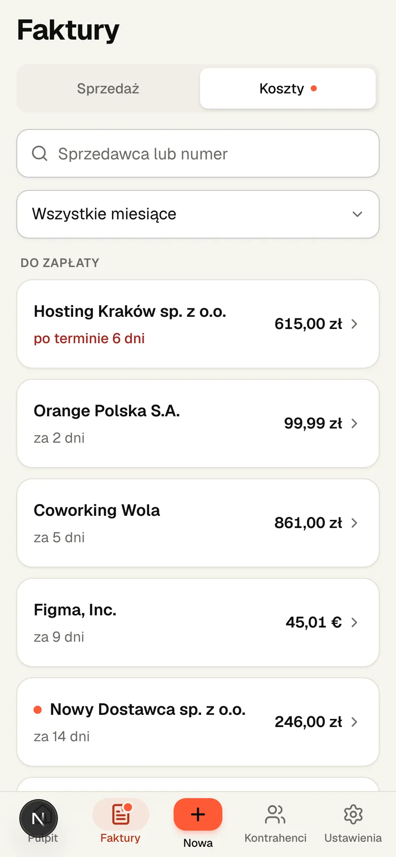 Lista Koszty w Wystaw na telefonie: przełącznik Sprzedaż i Koszty, sekcja Do zapłaty z fakturą po terminie na czerwono i sekcja Opłacone