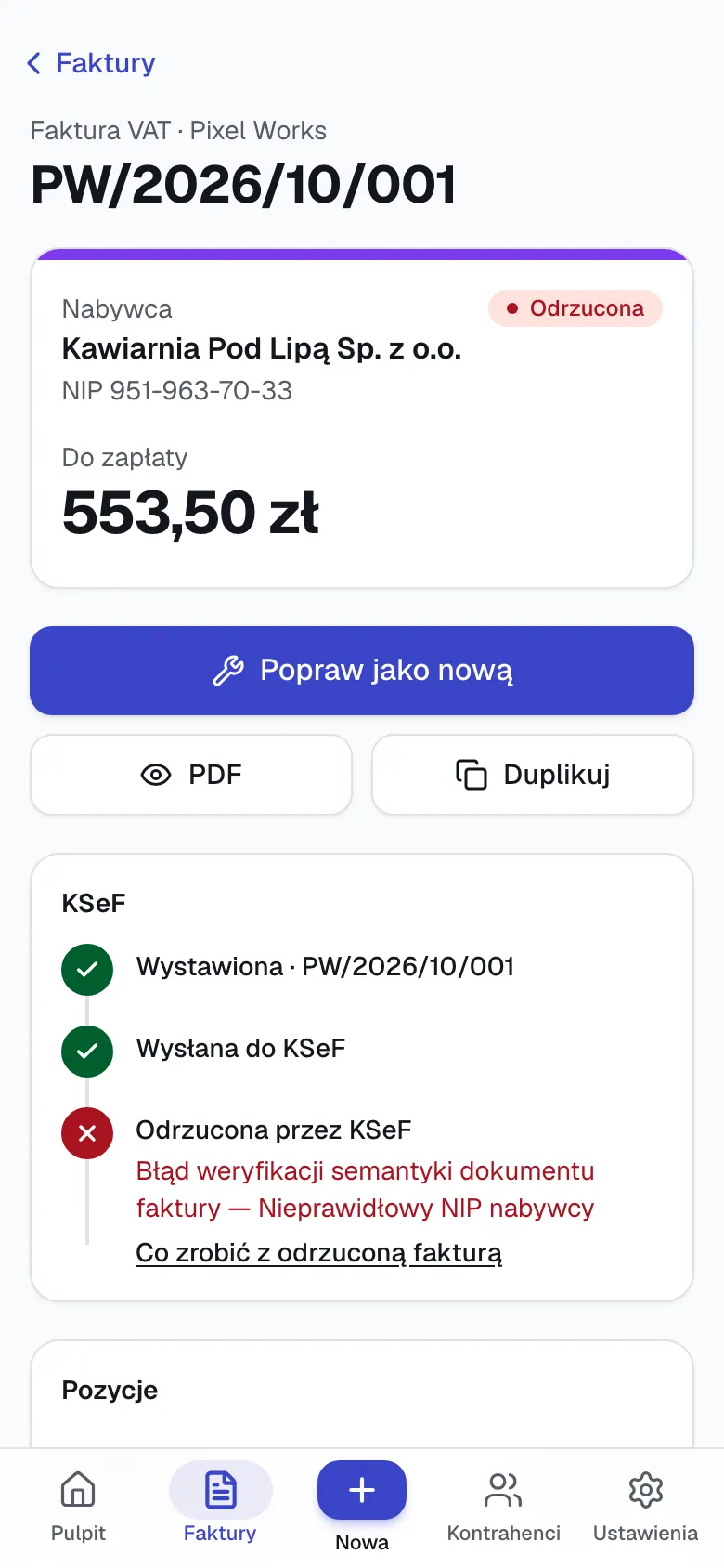 Szczegóły faktury odrzuconej przez KSeF w Wystaw na telefonie: status Odrzucona, powód odrzucenia i przycisk Popraw jako nową