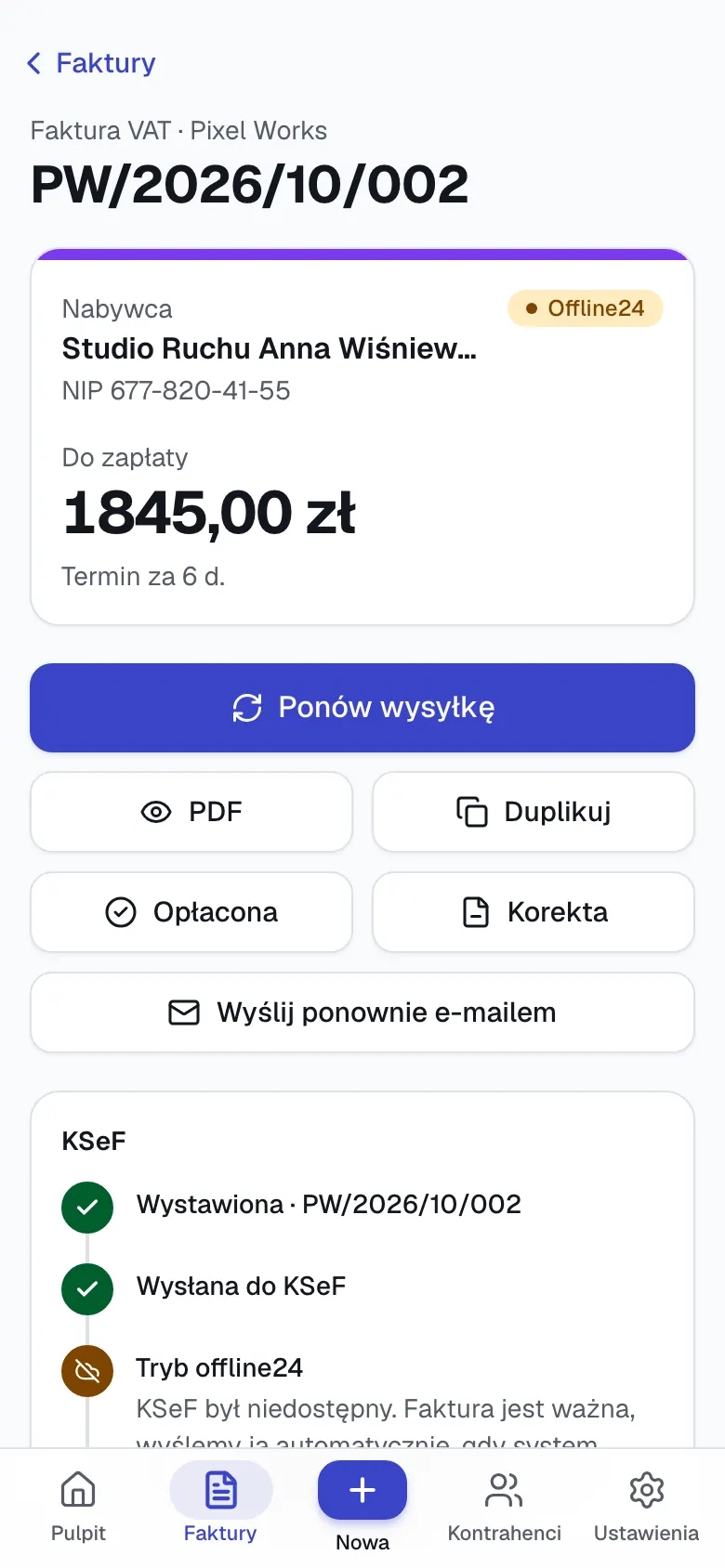 Szczegóły faktury w trybie offline24 w Wystaw na telefonie: status Offline24 i przycisk Ponów wysyłkę