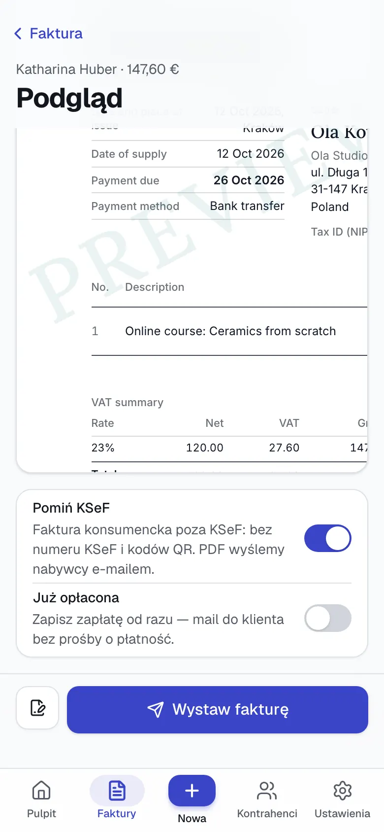 Podgląd szkicu faktury w Wystaw na telefonie: pod podglądem opcje Pomiń KSeF i Już opłacona oraz przycisk Wystaw fakturę
