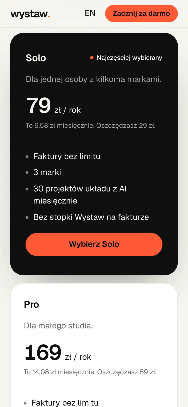 Cennik Wystaw na telefonie: plan Solo za 79 zł rocznie z fakturami bez limitu i 3 markami, pod nim plan Pro za 169 zł rocznie