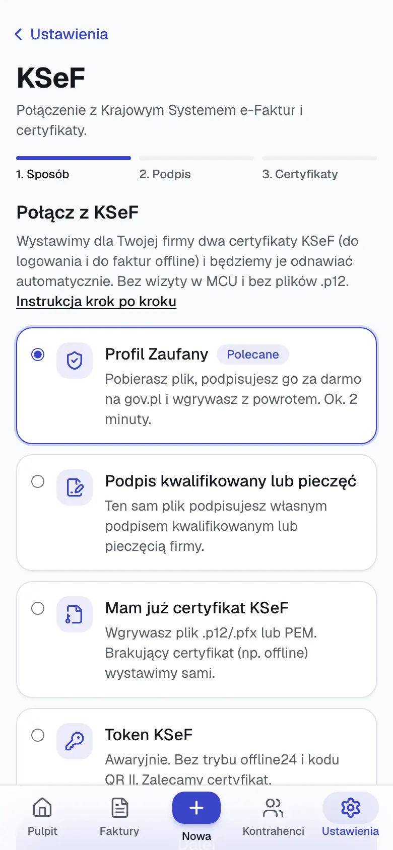Ekran Połącz z KSeF w Wystaw na telefonie: wybór sposobu połączenia, Profil Zaufany oznaczony jako polecany