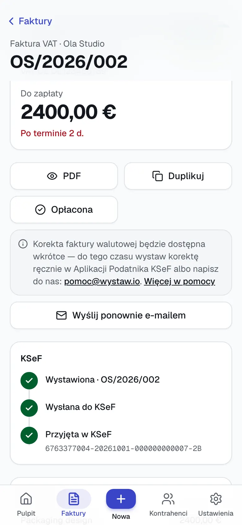 Szczegóły faktury w euro w Wystaw na telefonie: zamiast przycisku Korekta informacja, że korekta faktury walutowej będzie dostępna wkrótce